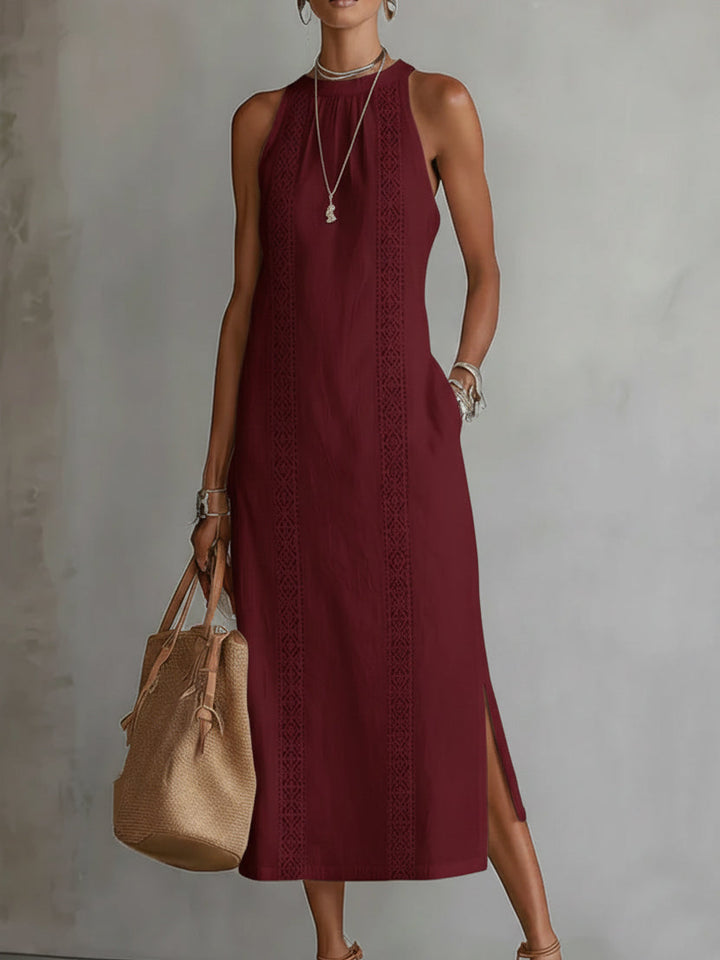 Filippa | Abito Midi Ricamato con Colletto alla Coreana