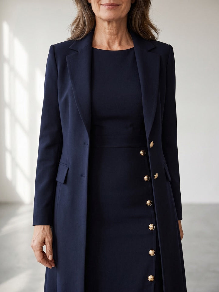 Santina | Completo Blazer Lungo e Abito Senza Maniche con Bottoni Dorati