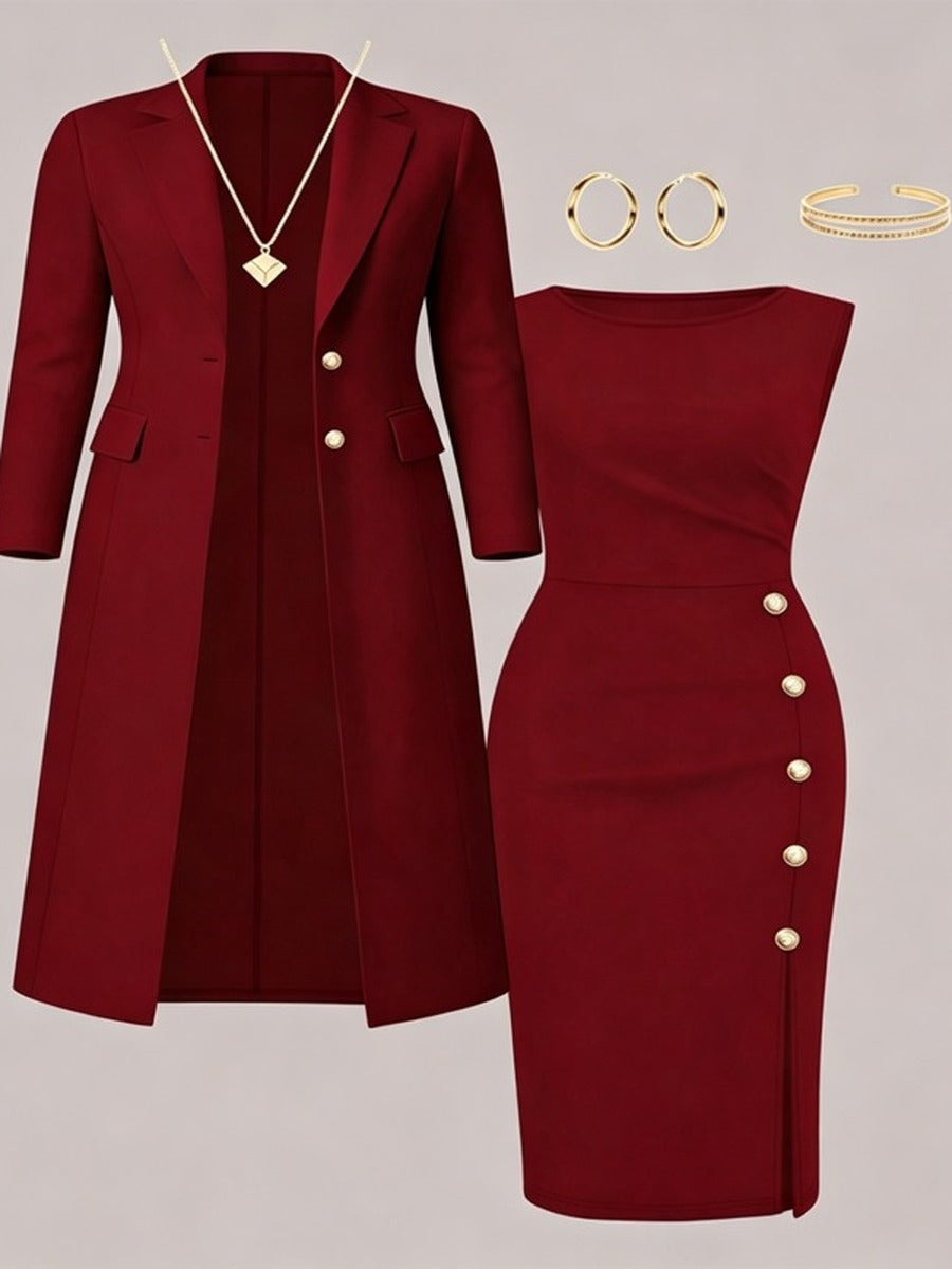 Santina | Completo Blazer Lungo e Abito Senza Maniche con Bottoni Dorati