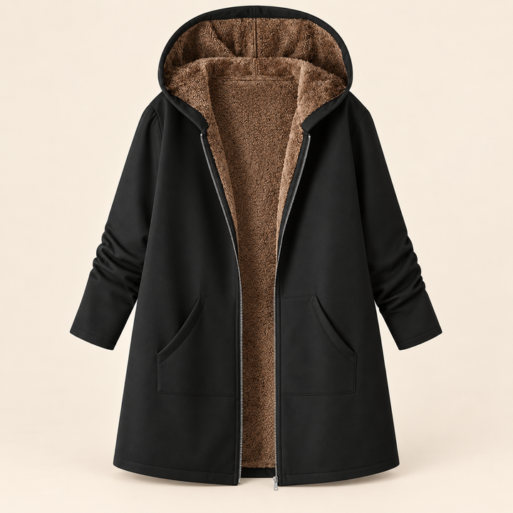 Brunilde | Cappotto Lungo in Sherpa con Cappuccio, Nero