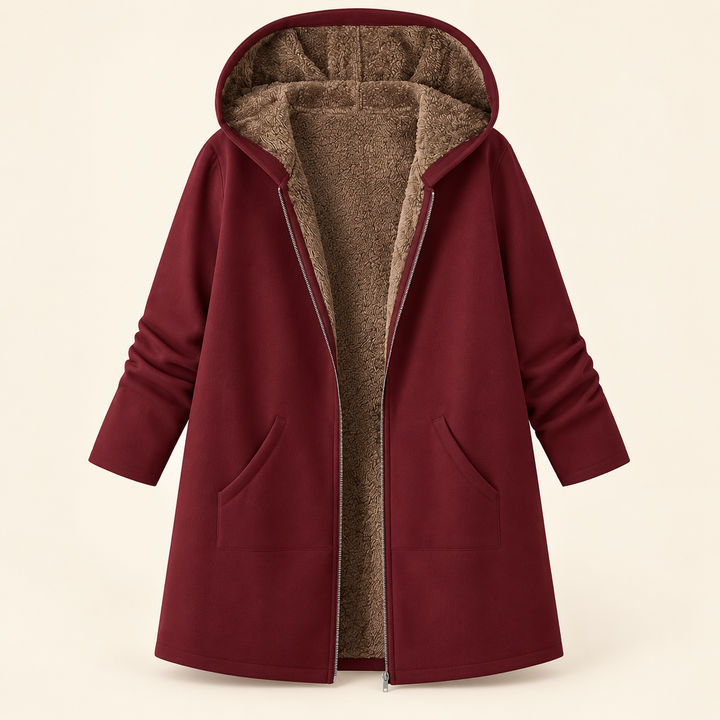 Gaudenzia | Cappotto Lungo in Sherpa con Cappuccio, Bordeaux
