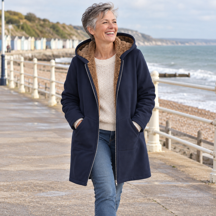 Ermelinda | Cappotto Lungo in Sherpa con Cappuccio, Blu Navy