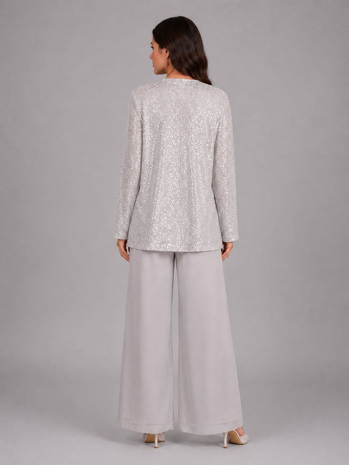 Zelinda | Completo Tre Pezzi con Giacca Aperta in Paillettes, Top e Pantaloni a Gamba Larga