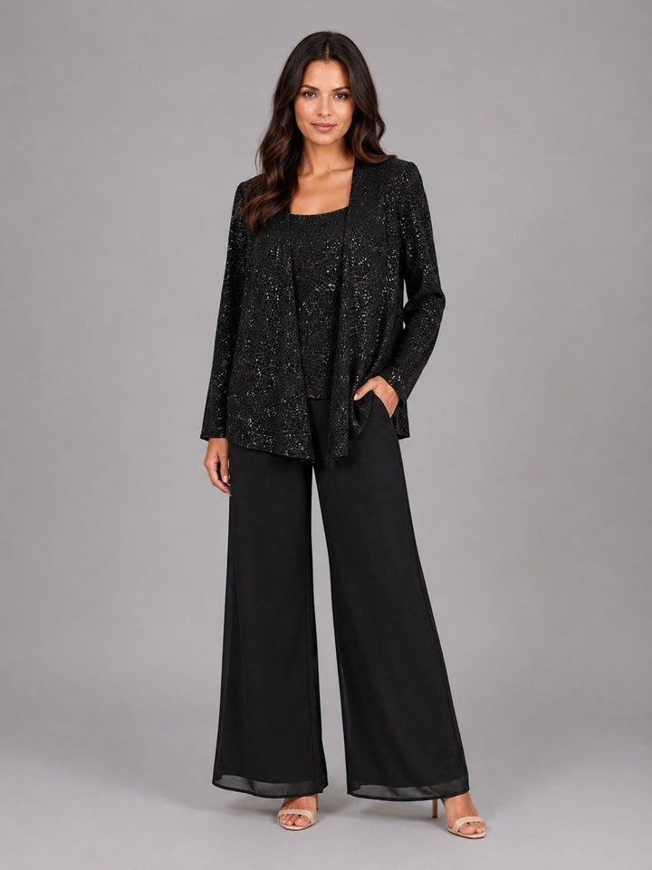 Zelinda | Completo Tre Pezzi con Giacca Aperta in Paillettes, Top e Pantaloni a Gamba Larga