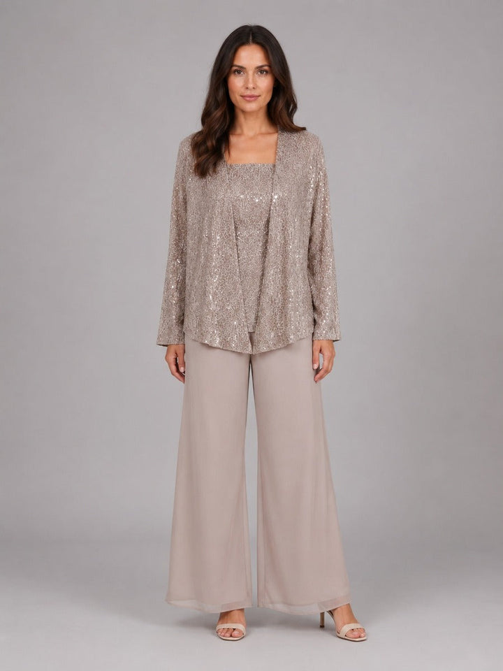 Zelinda | Completo Tre Pezzi con Giacca Aperta in Paillettes, Top e Pantaloni a Gamba Larga